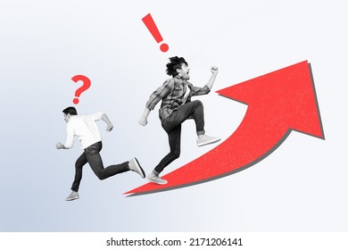 Creative Collage Image Of Two People Black White Gamma Running Hurry Fast Opposite Directions Growth Arrow Up