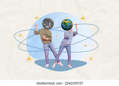 Creative collage image of two people moon planet earth instead head dancing chilling painted orbit stars isolated on drawing background