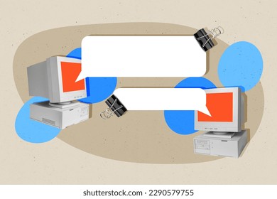 Creative collage image of two retro pc monitors empty space dialogue bubble isolated on painted background - Shutterstock ID 2290579755