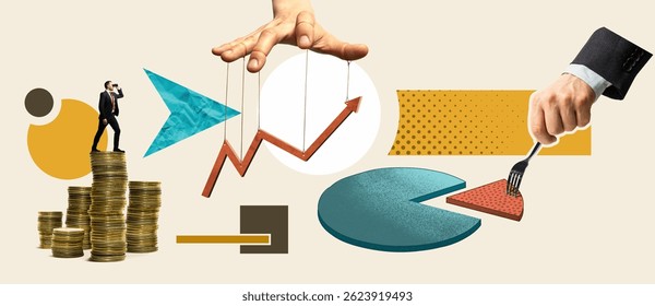 Creative collage including different elements: businessman on a stack of coins, growing income chart, market share.