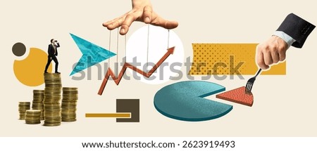 Creative collage including different elements: businessman on a stack of coins, growing income chart, market share.