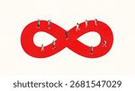 Creative collage. Infinity loop of walking people on red path representing endless journey and persistence. Concept of continuity, self-help, career growth, and mental resilience with determination.