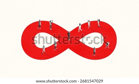 Creative collage. Infinity loop of walking people on red path representing endless journey and persistence. Concept of continuity, self-help, career growth, and mental resilience with determination.