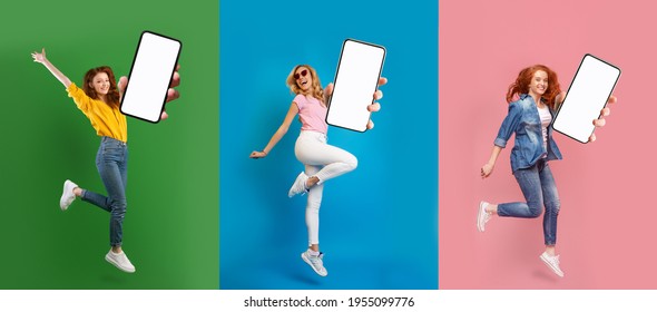 Creative collage with lovely young women jumping with empty smartphones on colorful studio backgrounds, panorama with mockup for your website or mobile app designs