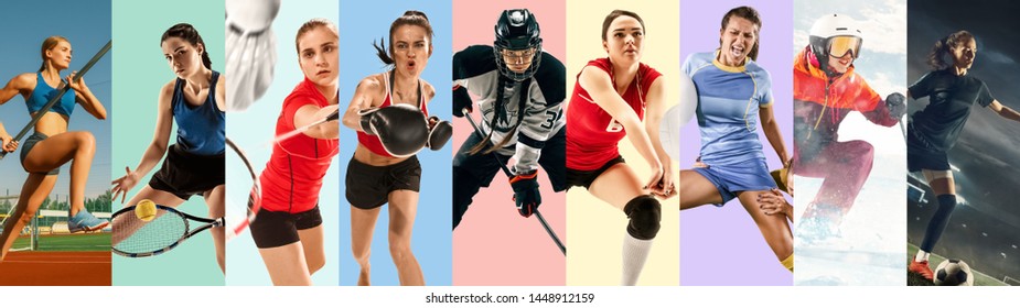 Creative Collage Made Of Photos Of 9 Models. Tennis, Pole Vault, Badminton, Hockey, Volleyball, Football, Soccer, Snowboarding Female Players Or Team. Sport, Action, Healthy Lifestyle Concept.