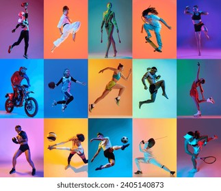 Creative collage made of portrait of basketball, soccer, tennis players, gymnastics, ballet and judo sportsman. Concept of professional sport, hobby, active lifestyle, recreation, motion, - Powered by Shutterstock