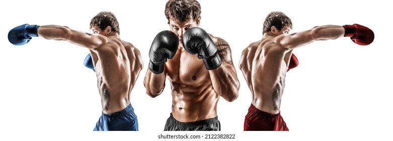 Creative collage of man, professional boxer training isolated over white background. Concept of sport, motivation, action. - Powered by Shutterstock