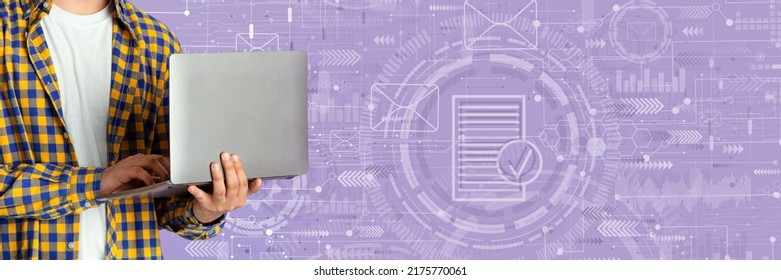Creative Collage With Man Using Laptop Over Abstract Background With Media Icons On Purple Backdrop, Unrecognizable Male Holding Computer, Enjoying Networking And Online Communication, Panorama