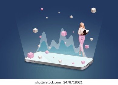 Creative collage mature lady businesswoman smartphone screen media 3d cubes virtual reality simulation geometric figures - Powered by Shutterstock