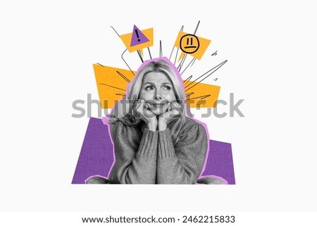 Creative collage mature woman sit thoughtful face expression emoticon sad upset unhappy worried caution stressed colored background