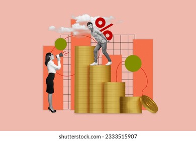 Creative collage of mini black white effect girl talk yell loudspeaker guy carry money climb big pile stack coins isolated on pink background - Powered by Shutterstock
