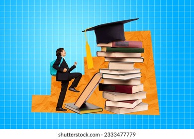 Creative collage motivation diligent schoolboy reach height stack books graduate examination tassel bachelor isolated on blue background