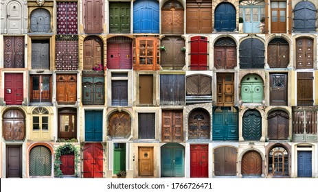 Creative collage with multitude of colorful ancient front house doors, panorama - Shutterstock ID 1766726471