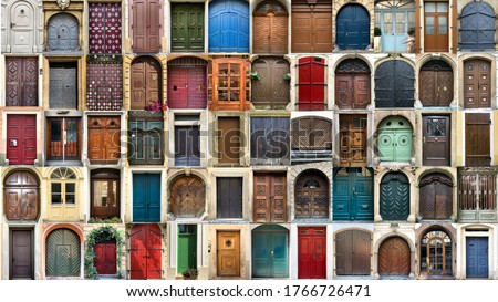 Creative collage with multitude of colorful ancient front house doors, panorama