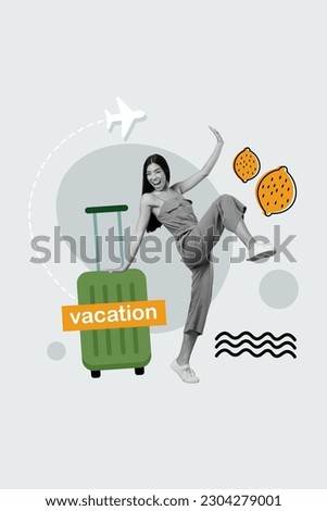 Creative collage overjoyed crazy korean girl dancing airport terminal celebrate summer vacation voyage baggage isolated on grey background