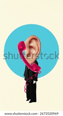 Creative collage of oversized human ear with red telephone handset replacing head on beige background. Concept of HR interviews, customer service, psychology helplines, and retro communication.