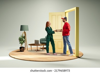 Creative collage with photo and 3d illustration of living room interior and young woman receiving box from delivery man, courier at the door. Online shopping and delivery service. - Shutterstock ID 2179658973