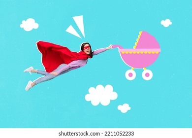 Creative collage photo of impressed excited gorgeous funny superhero girl flying hand hold baby carriage isolated on blue color background - Shutterstock ID 2211052233