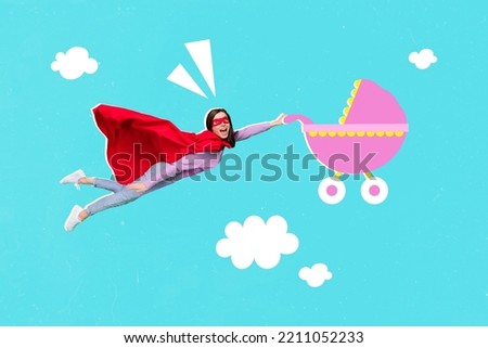 Creative collage photo of impressed excited gorgeous funny superhero girl flying hand hold baby carriage isolated on blue color background