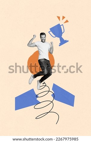 Creative collage photo picture poster artwork of funky cheerful man celebrate rejoice win isolated on drawing background