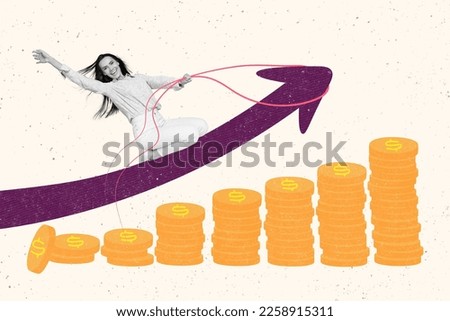 Creative collage photo poster picture of happy successful girl flying ahead big arrow isolated on painted background