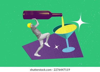 Creative collage photo sketch template of positive satisfied young man pouring wine into glass at party isolated on painting background