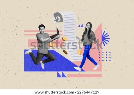 Creative collage photo sketch template of happy funny young people working on successful startup together isolated on painting background