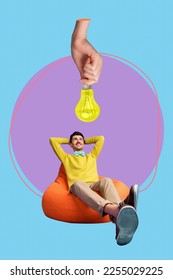 Creative collage photo of young chilling mister gentleman bowtie relax orange beanbag carefree has idea look up lamp isolated on painted background