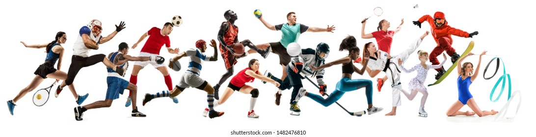 Creative collage of photos of 15 models running and jumping. Advertising, sport, healthy lifestyle, motion, activity, movement concept. American football, soccer, tennis volleyball box badminton rugby - Shutterstock ID 1482476810