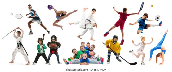 Creative collage of photos of 18 models. Advertising, sport, healthy lifestyle, motion, activity, movement concept. American football, soccer, tennis volleyball box badminton rugby