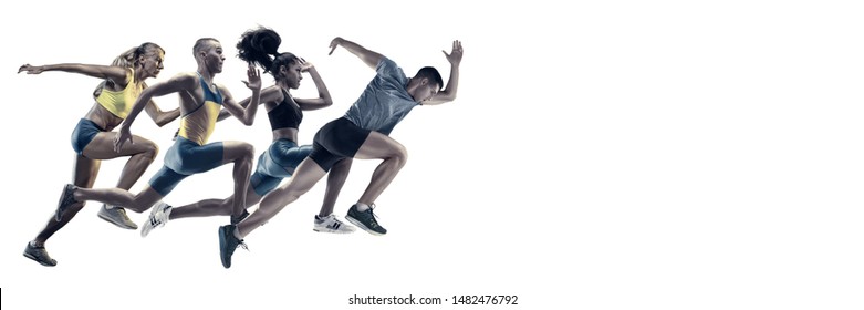 Creative Collage Of Photos Of 4 Models Running And Jumping. Ad, Sport, Healthy Lifestyle, Motion, Activity, Movement Concept. Male And Female Sportsmans Of Different Ethnicities. White Background.