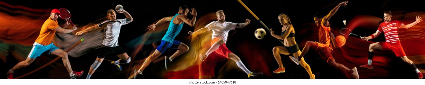 Creative collage of photos of 7 models on black in mixed light. Advertising, sport, healthy lifestyle, motion, activity, movement concept. American football, soccer, tennis volleyball basketball rugby - Shutterstock ID 1485947618