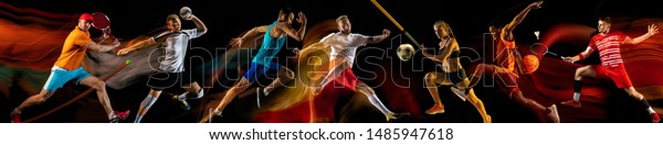 Creative collage of photos of 7 models on black in\
mixed light. Advertising, sport, healthy lifestyle, motion,\
activity, movement concept. American football, soccer, tennis\
volleyball basketball\
rugby