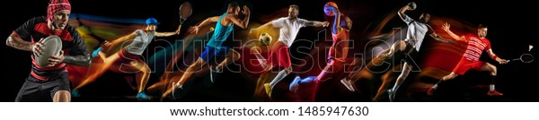 Creative collage of photos of 7 models on black in\
mixed light. Advertising, sport, healthy lifestyle, motion,\
activity, movement concept. American football, soccer, tennis\
volleyball basketball\
rugby