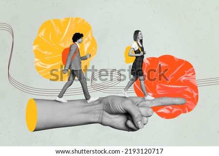 Creative collage picture of arm finger point direction two mini people black white gamma isolated on painted background