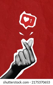Creative collage picture of black white effect hand showing heart symbol give like notification isolated on red color background