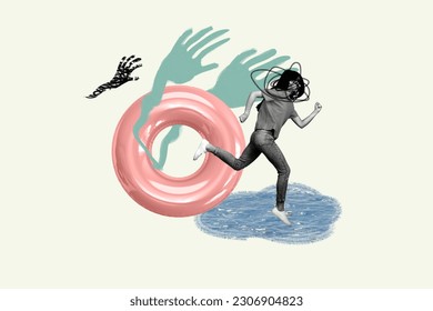 Creative collage picture black white gamma mini person drawing mess instead head run away inflatable ring monster arms