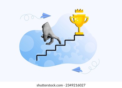 Creative collage picture of black white colors arm fingers walk climb stairs upwards champion trophy cup isolated on drawing background