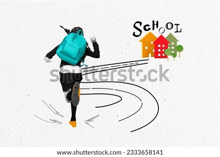 Creative collage picture of black white colors girl carry rucksack rush run painted school building isolated on paper background