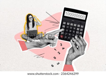 Creative collage picture of black white colors mini girl sit huge arm hold point finger calculator isolated on drawing background