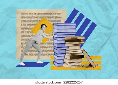 Creative collage picture of cheerful mini black white gamma girl push big pile stack book isolated on drawing blue background - Shutterstock ID 2282225267