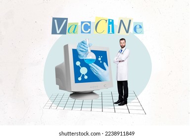 Creative collage picture confident mini doctor crossed arms retro pc screen glass vaccine bottle isolated drawing background
