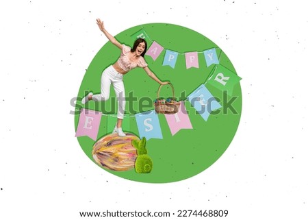 Creative collage picture of excited astonished mini girl hold easter basket stand balancing big painted egg isolated on festive background