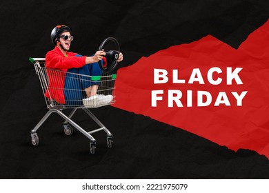 Creative collage picture of excited guy sit market trolley hold wheel black friday limited time only proposition isolated on painted background - Powered by Shutterstock