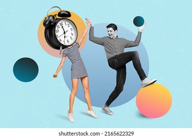 Creative collage picture of excited overjoyed man give high five girl big clock instead head
