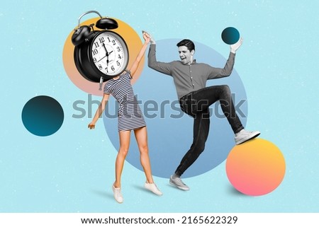 Creative collage picture of excited overjoyed man give high five girl big clock instead head