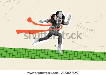 Creative collage picture of funny black white colors girl carry bag running rush finish stripe isolated on painted background
