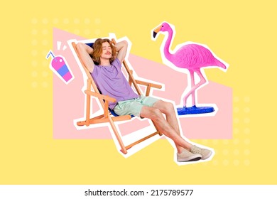 Creative collage picture of guy sitting take nap chaise lounger cocktail cup pink flamingo isolated on drawing background