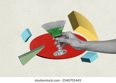 Creative collage picture hand body fragment hold martini glass beverage cocktail bar pub bartender 3d elements drawing background - Powered by Shutterstock