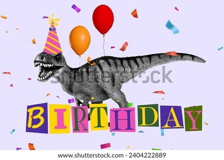 Creative collage picture huge ancient dinosaur monster birthday celebration festive hat balloons flying decorations greeting postcard